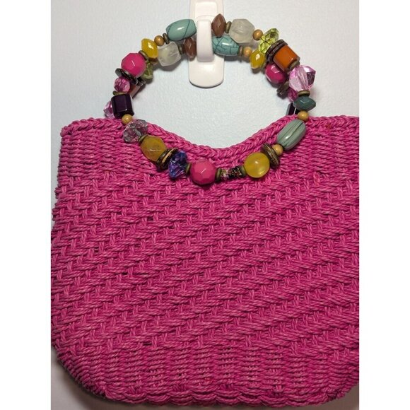 Vintage Cappelli Hot Pink Woven Straw Purse Beaded Handle Handbag Summer Bag - Picture 4 of 5
